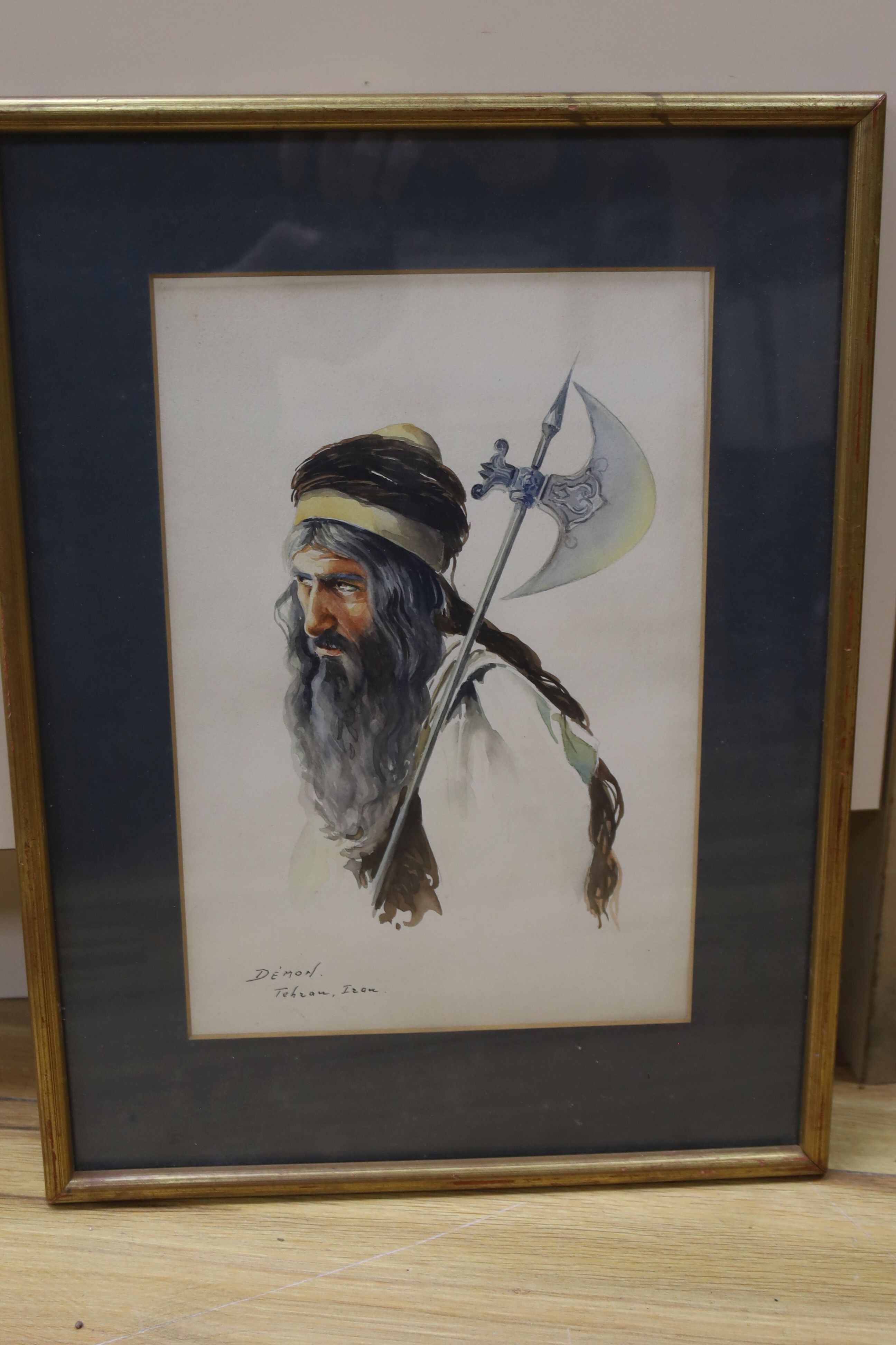 De'Mon (Iranian), watercolour, Portrait of an Iranian warrior, signed and inscribed 'Tehran, Iran', 28 x 19cm